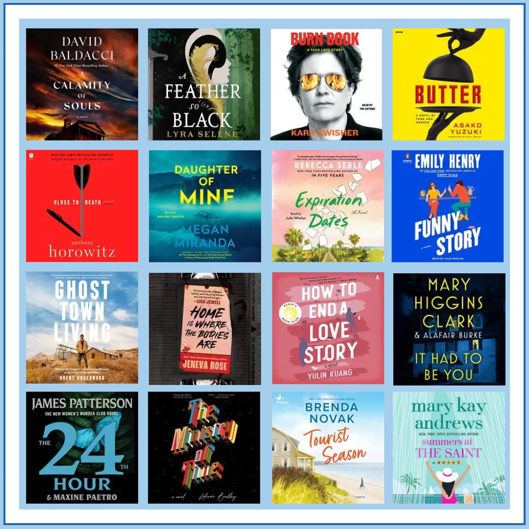 16 audiobook covers superimposed over a blue background
